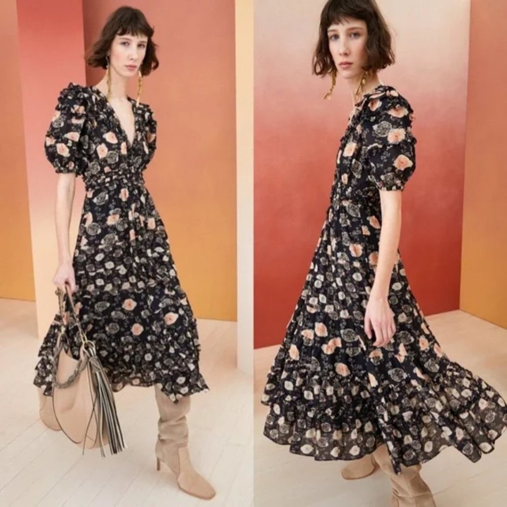 COPY - Womens Ulla Johnson Black Pink Floral Midi Dress 00 *